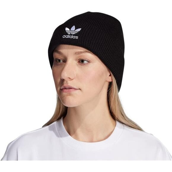 Unisex Trefoil Beanie Hat, Black main image 4